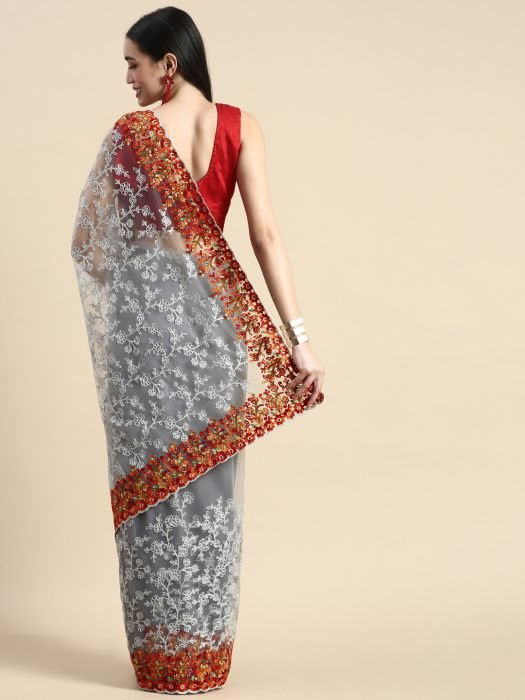 Grey Floral Threadwork Net Saree embroidered saree