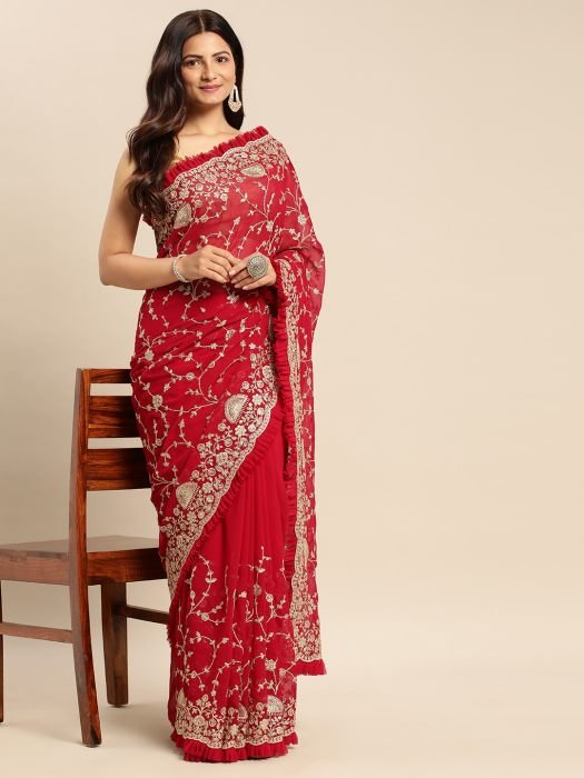 Cherry Embroidered Zariwork Frill Georgette Saree party wear saree