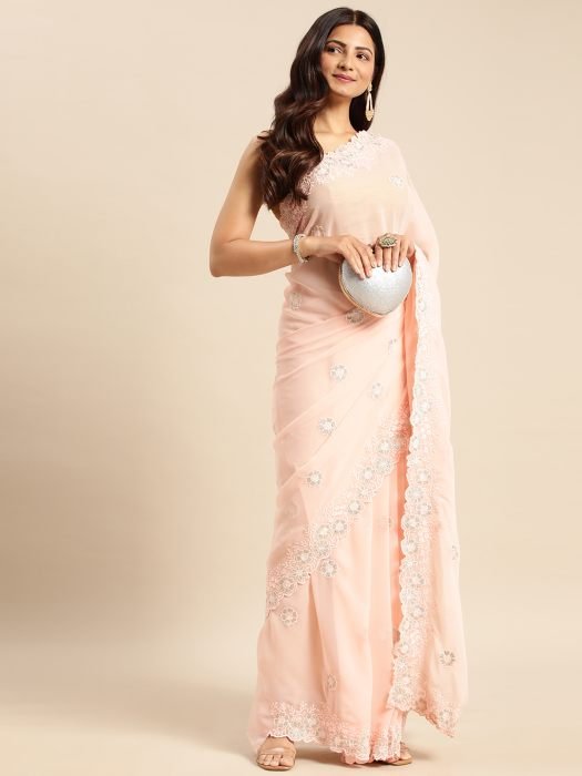 Peach Floral Embroidered Georgette Saree  embroidered saree