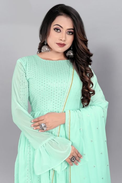 Sea Blue Embroidered Semi Stitched Kurta With Plazzo  And Dupatta  summer suits