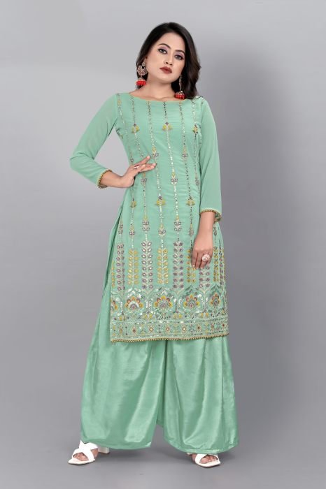 Sea Blue Embroidered Sequined Semi Stitched Kurta With Plazzo  And Dupatta  summer suits