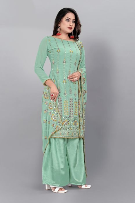 Sea Blue Embroidered Sequined Semi Stitched Kurta With Plazzo  And Dupatta  summer suits