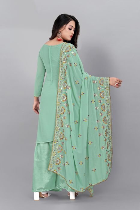 Sea Blue Embroidered Sequined Semi Stitched Kurta With Plazzo  And Dupatta  summer suits