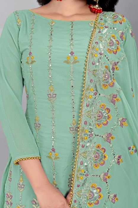 Sea Blue Embroidered Sequined Semi Stitched Kurta With Plazzo  And Dupatta  summer suits