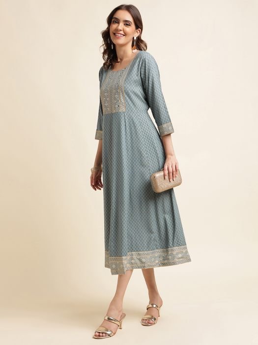 Sea Green Ethnic Motifs Embroidered Gotta Patti Silk Cotton Blend Anarkali Kurta   kurti