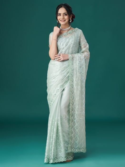 Sea green Geometric Embellished Embroidered Sarees party wear saree