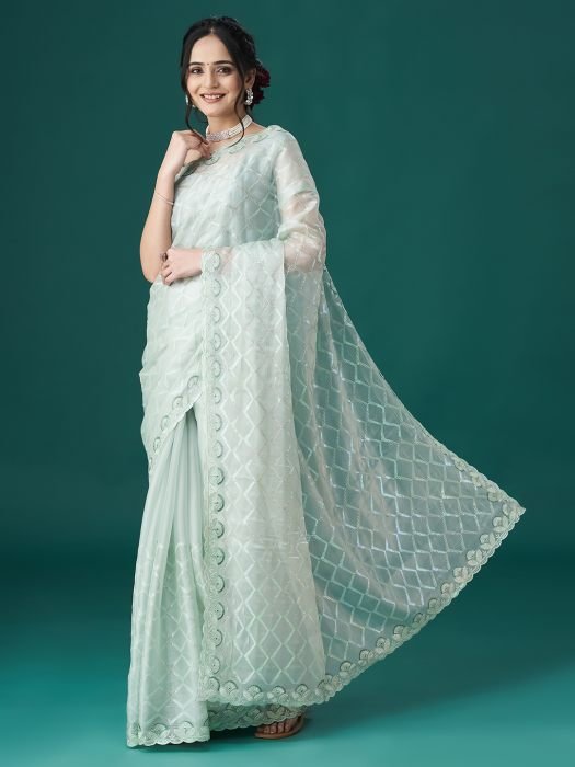 Sea green Geometric Embellished Embroidered Sarees party wear saree