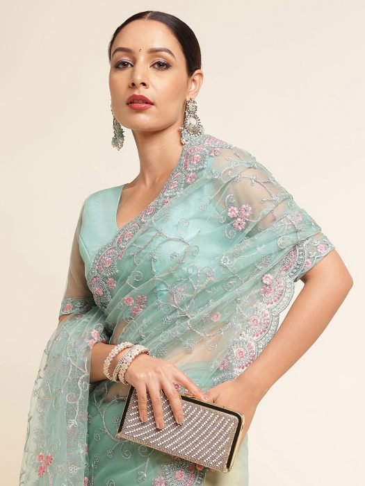 Sky Blue Floral Embroidered Work Net Saree