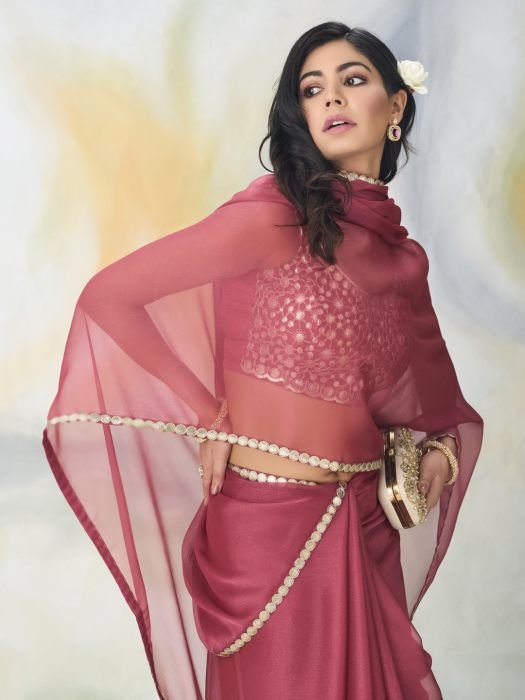 Solid Mirror Work Saree pink sarees