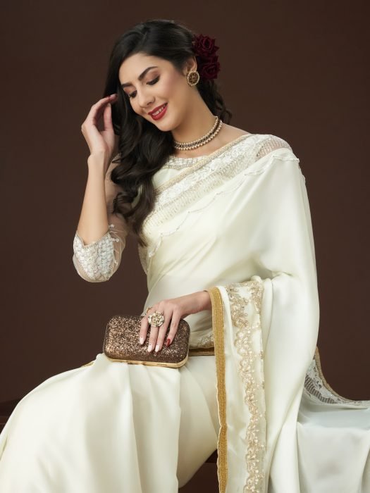 White Embroidered Embellished Satin Saree embroidered saree