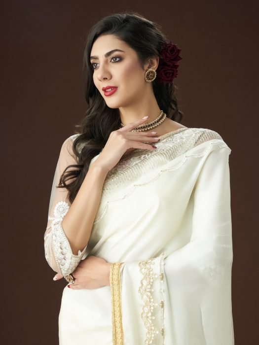 White Embroidered Embellished Satin Saree embroidered saree