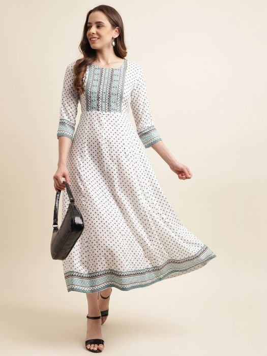 White Ethnic Motifs Printed Mirror Work Ethnic kurta kurtis