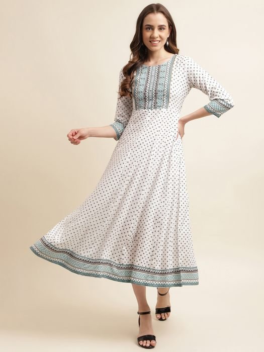 White Ethnic Motifs Printed Mirror Work Ethnic kurta kurtis