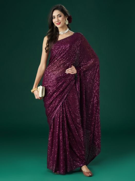Wine Embellished Sequinned Saree NEW