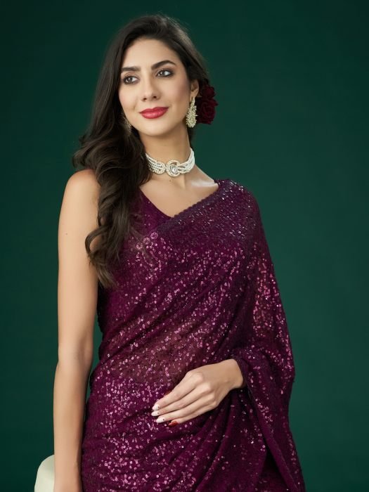 Wine Embellished Sequinned Saree party wear saree