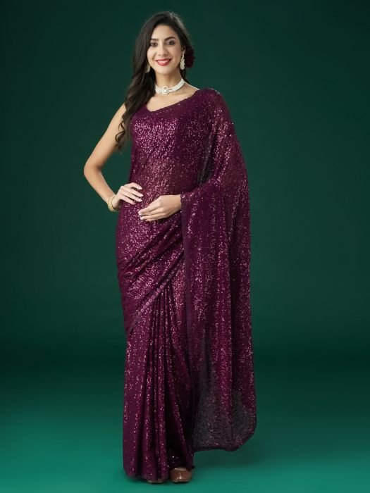 Wine Embellished Sequinned Saree party wear saree