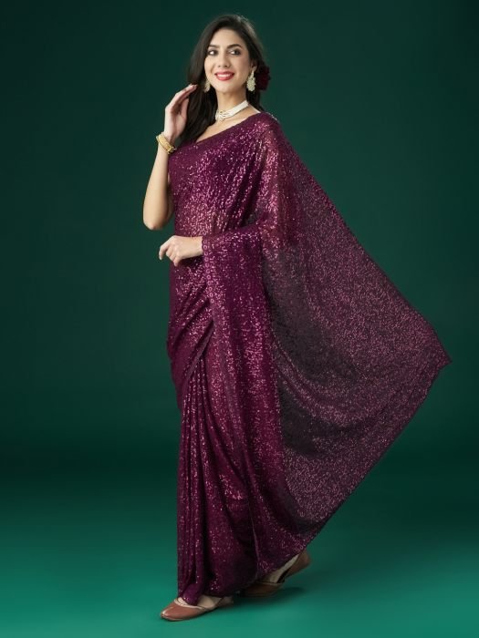 Wine Embellished Sequinned Saree party wear saree