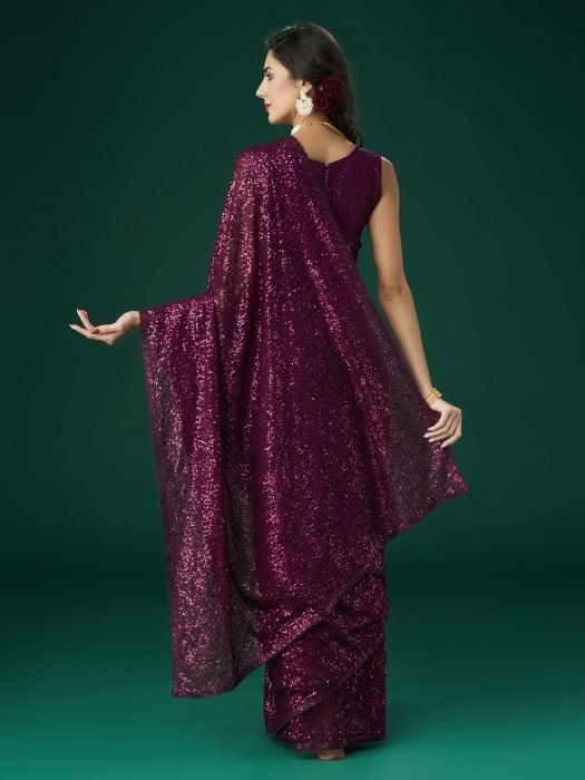 Wine Embellished Sequinned Saree party wear saree