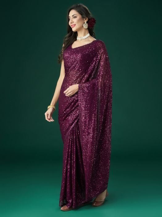 Wine Embellished Sequinned Saree party wear saree