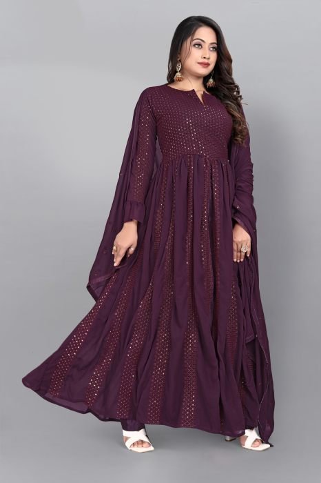 Wine Embroidered Semi Stitched Kurta With Plazzo  And Dupatta  summer suits