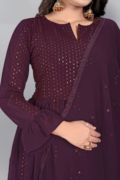 Wine Embroidered Semi Stitched Kurta With Plazzo  And Dupatta  summer suits