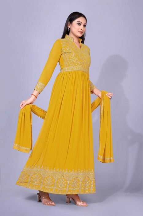 Yellow Embroidered Georgette Maxi Semi Stitched Kurta With Palazzo And  Dupatta semi stitched