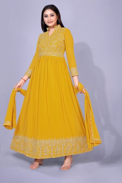 Yellow Embroidered Georgette Maxi Semi Stitched Kurta With Palazzo And  Dupatta semi stitched