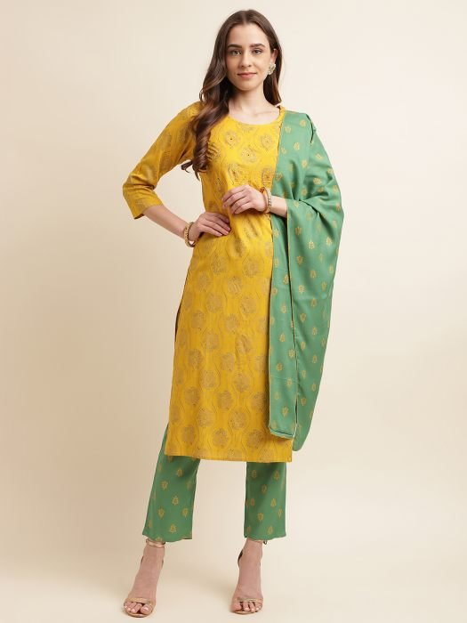 Yellow Ethnic Motifs Printed Regular Kurta With Trousers   Dupatta kurta sets with dupatta