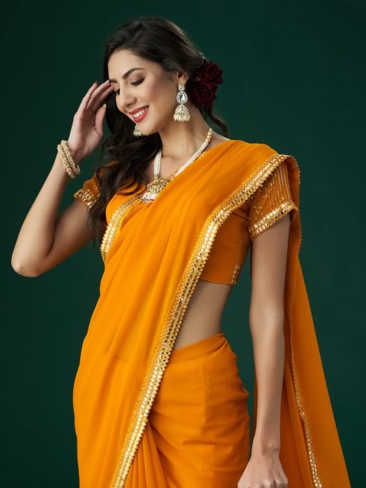 Yellow Mirror Work Embroidered Saree embroidered saree