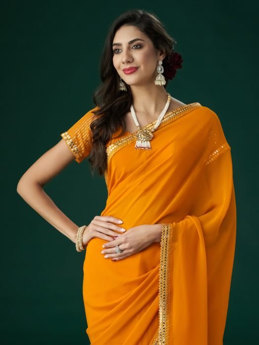 Yellow Mirror Work Embroidered Saree embroidered saree