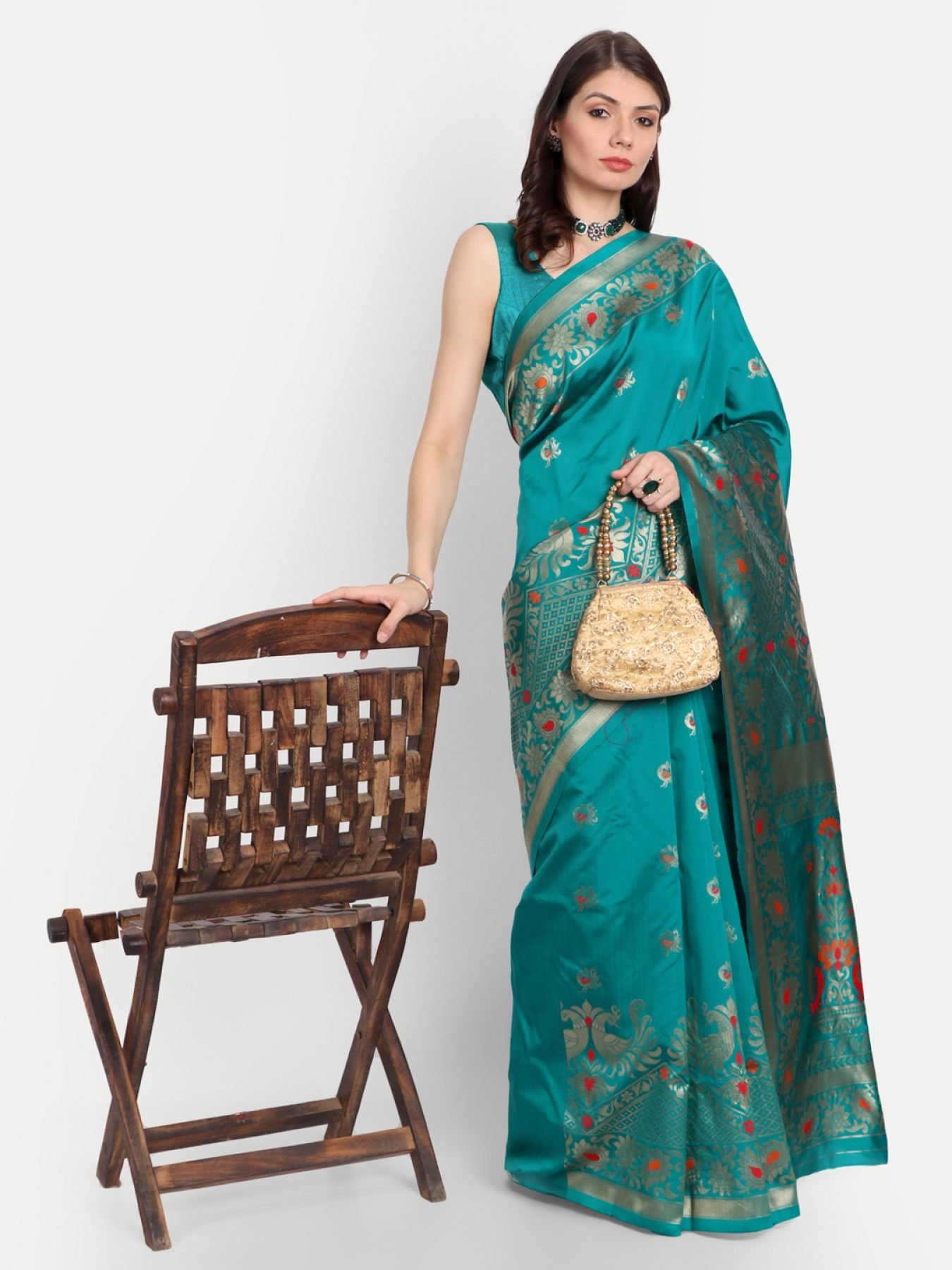 Kasee Women's Teal & Gold-Toned Woven Design Zari Silk Blend Saree With  Unstitched Blouse Piece